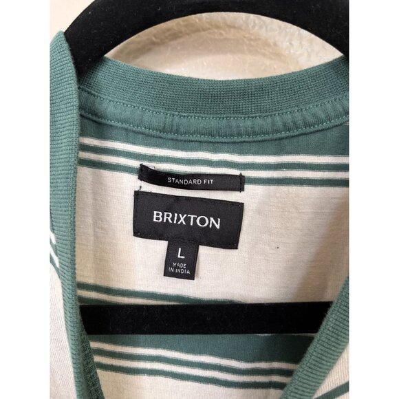Brixton Standard Fit Mens Striped T-Shirt Large Green White Short Sleeve Cotton - Picture 4 of 7